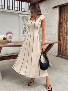 SHEIN Frenchy Abito casual da donna con scollo quadrato, maniche a palloncino e righe
