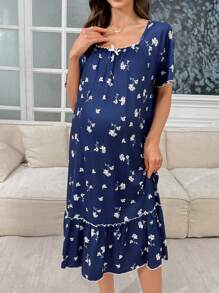 SHEIN Camisón de maternidad de flores pequeñas con volantes