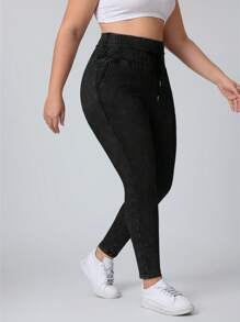 Flexra Pantalones vaqueros casuales de color liso talla grande, adecuados para el verano - Negro - Ver 7