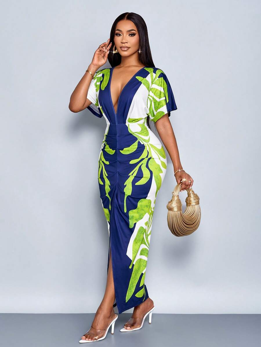 SOLERSUN 女士优雅定位印花V领开衩紧身派对连衣裙，适合节日、春夏季