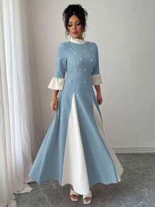 Modelyn Vestido de mujer con diseño en dos tonos, empalmado, fruncido y con bajo abombado