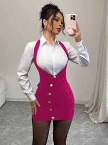 Elenzga 优雅浪漫女士吊带黑裙 - 玫紅色 - 查看 1