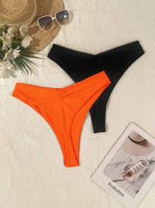 SHEIN Swim Curve Plus Size Women 2pcs Solid Color Swimwear Bottom For Summer Beach Vacation - Orange - View 1