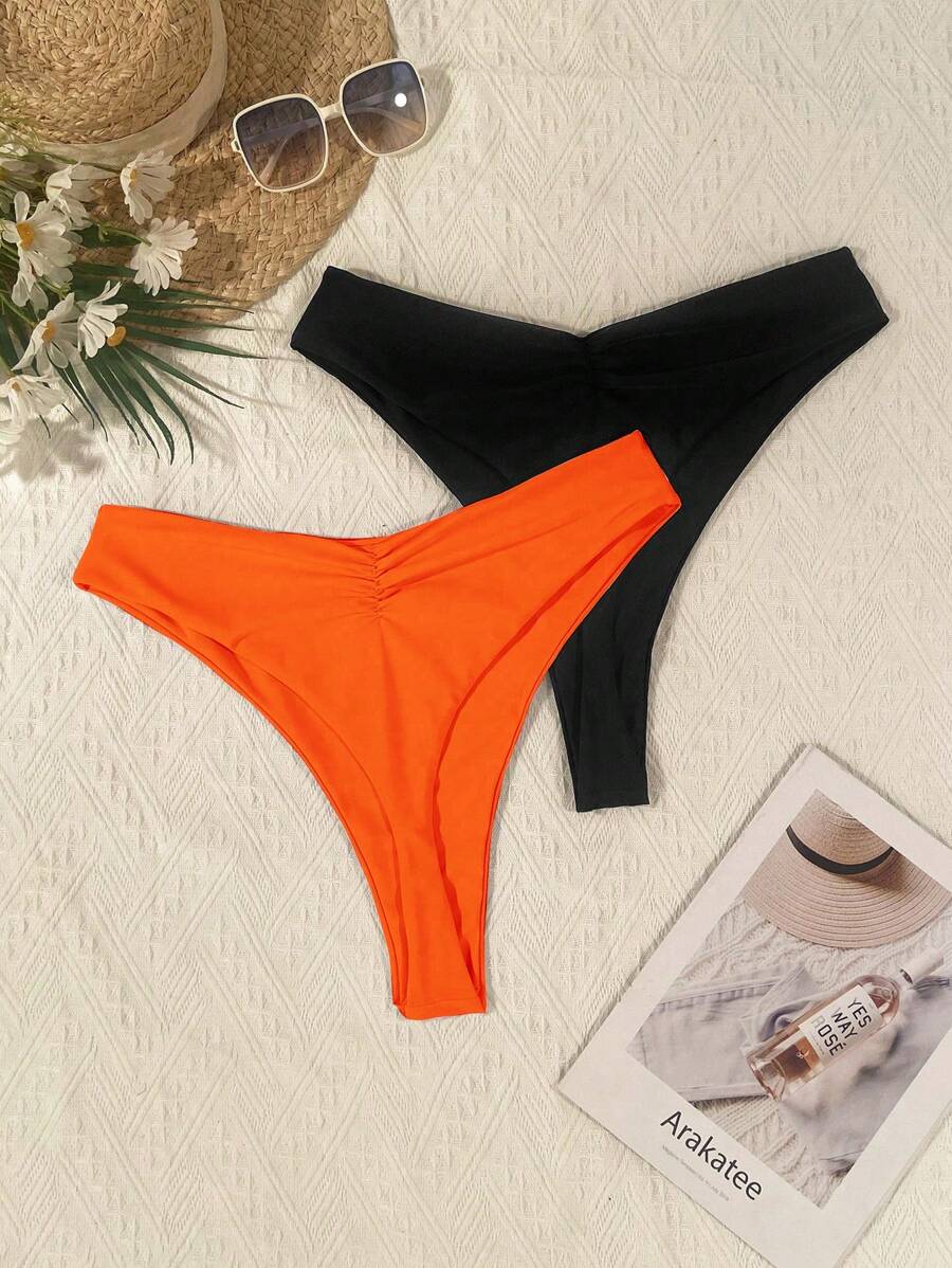 SHEIN Swim Curve Plus Size Women 2pcs Solid Color Swimwear Bottom For Summer Beach Vacation - Orange - View 1