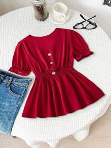 SHEIN Clasi Plus Size Women Red Sequin Lightweight Elegant Casual Summer Blouse Top,Elastic Waist,Colorful Button Decor,Everyday Daily Wear,Outing,Vacation,Travel - Red - View 6