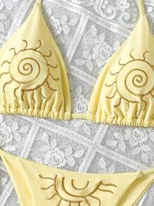 Swim Mod Women's Summer Beach Sun Embroidery Halter Tie Sexy Bikini Swimsuit Set - Yellow - View 4