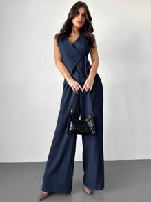 Firerie Festival New Spring/Summer Elegant Minimalist Linen Color Wrap Tie Belt Waistcoat & High Waist Pleated Wide Leg Pants Suit Set, Office Commuting