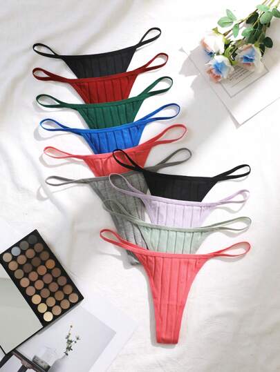 10条装女士简约纯色罗纹针织丁字裤