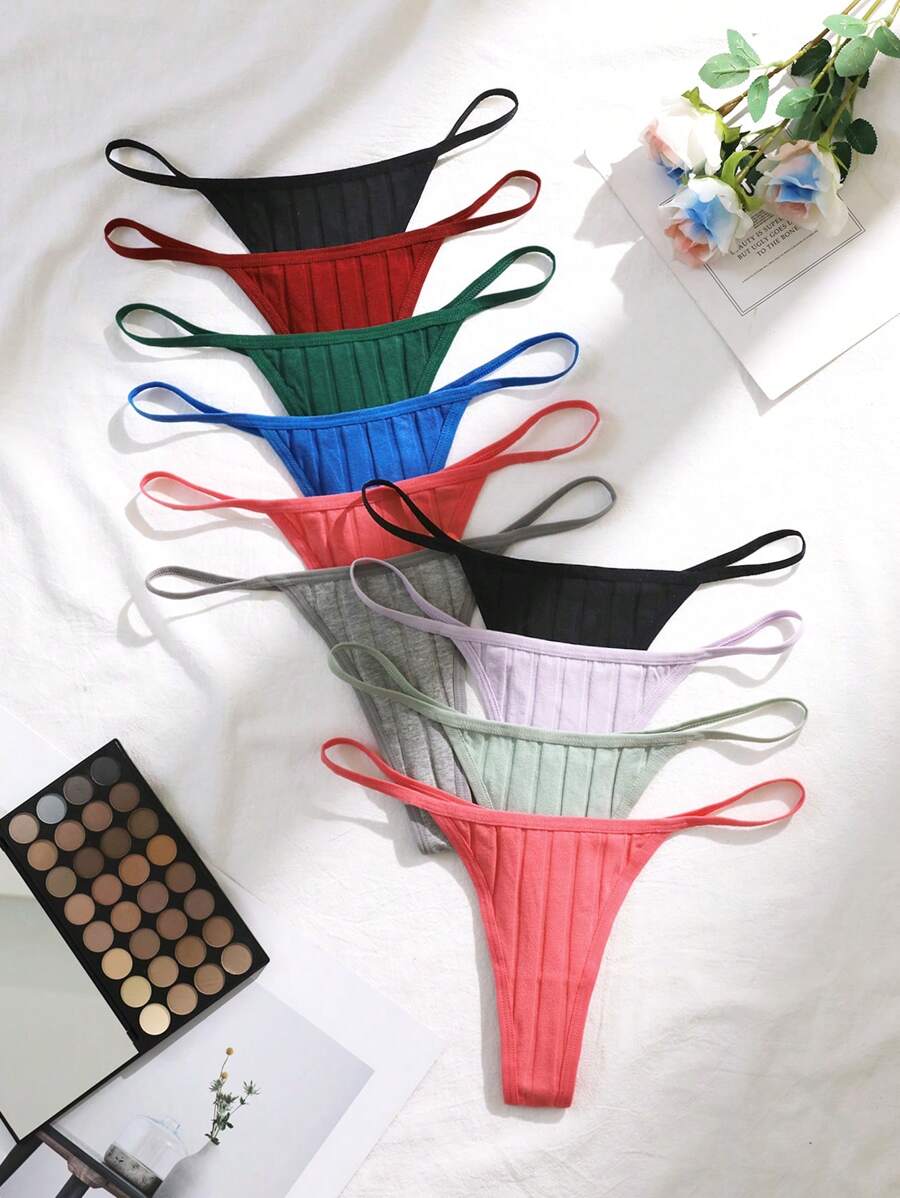10pcs Women's Minimalist Solid Color Ribbed Knit G-String Panties - Multicolor - View 1