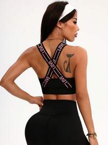 Easithlete Women's Crisscross Tape Letter Jacquard Knit Sports Bra For Yoga & Fitness - Black - View 1