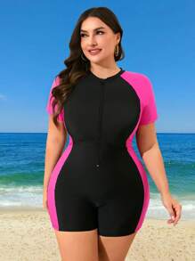 Swim SPRTY Plus Size Women's Contrast Color Short Sleeve One-Piece Swimsuit & Shorts, Suitable For Vacation For Summer - Rose Red - View 4