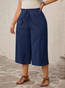 SHEIN VCAY سراويل فضفاضة ذات خصر عالي بلون سادة لقياسات كبيرة، ملابس استرخاء للأجازات