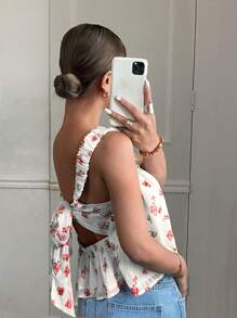 SHEIN Frenchy 女士度假印花编织提花后系带荷叶边下摆背心，夏季度假露背欧洲夏季露背上衣，碎花图案狂欢上衣狂欢伊比沙岛海滩可爱外出上衣生日度假