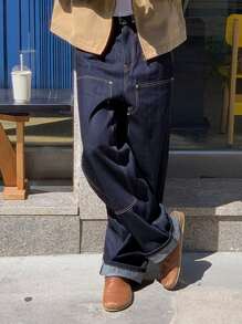 DAZY Spring Men's Solid Color Distressed Detail Navy Blue Jeans - Blue - View 1