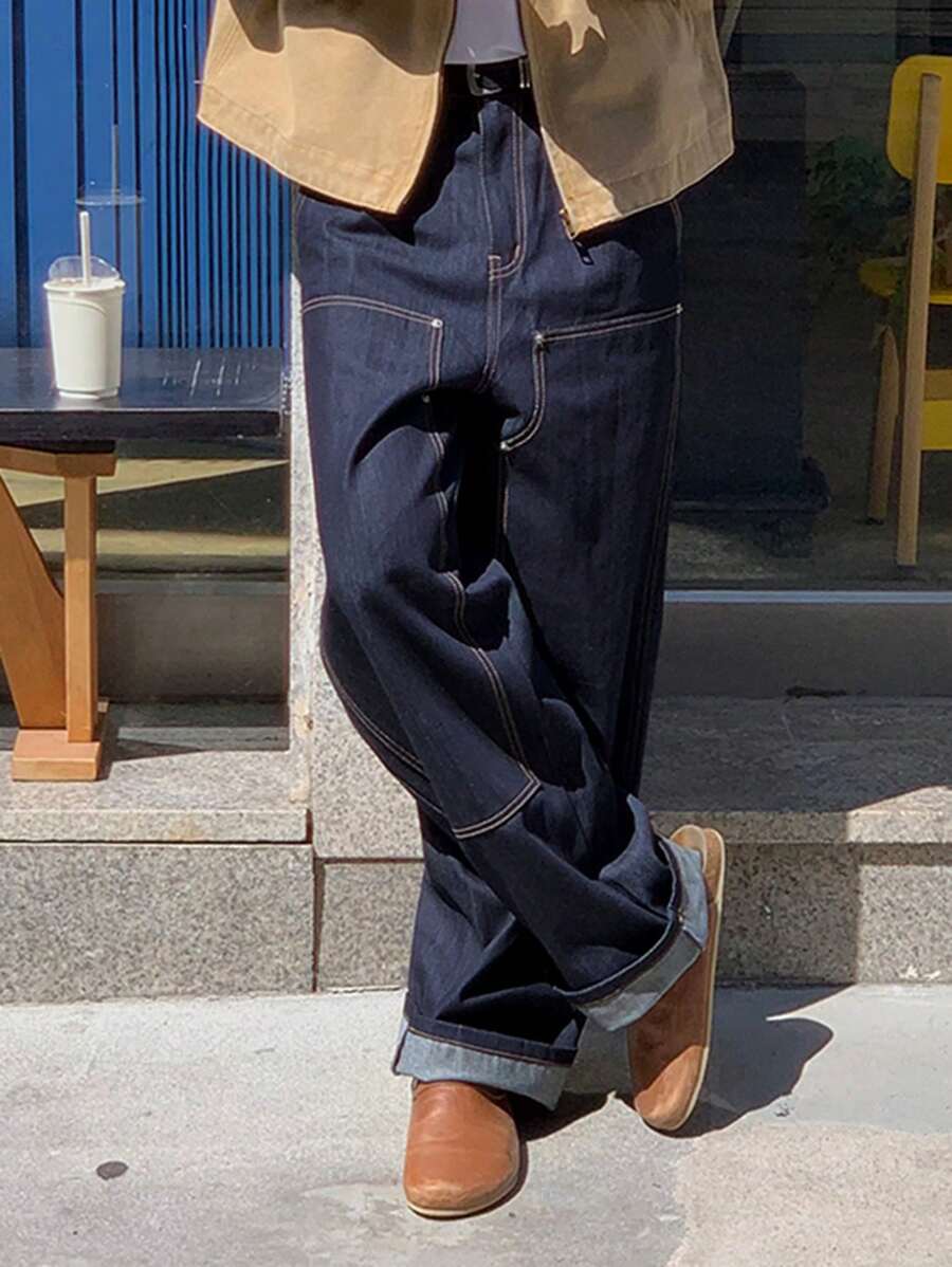 DAZY Spring Men's Solid Color Distressed Detail Navy Blue Jeans - Blue - View 1