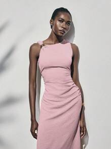 Lumivelle 1pc Summer Metal Ring Decor Waist Ruffle Sleeveless Mini Dress - Baby Pink - View 7