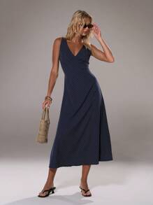 TRNVIE Retro Polka Dot Print V-Neck Slim Fit Long Dress - Navy Blue - View 5