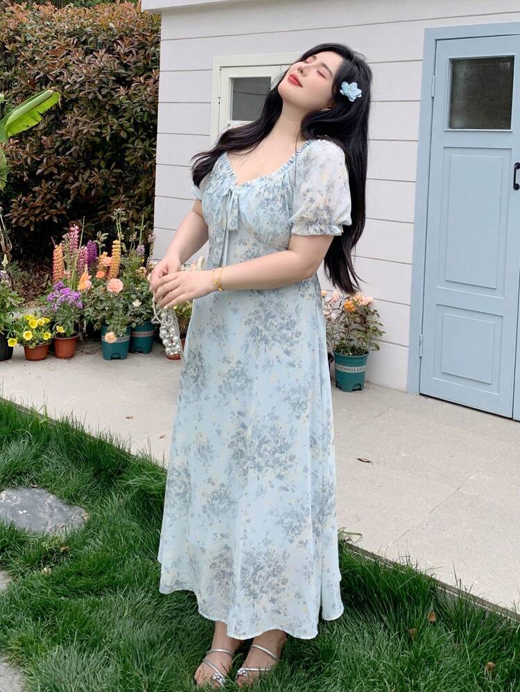 Dazy Plus Plus Size Floral Print Tie Waist Puff Sleeve Slim Fit Maxi Chiffon Dress Women Dresses Birthday Women Dresses Elegant Gown Vacation Outfits Women Boho