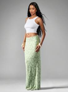 MISSGUIDED 纹理花卉图案长裙，春夏优雅婚礼伴娘晚宴正式派对海滩场合，侧开衩设计，尽显圣诞气息 - 綠色 - 查看 3