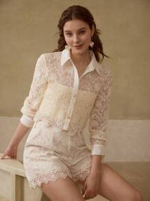 MOTF PREMIUM LACE SHEER BUTTON UP SHIRT - Apricot - View 1