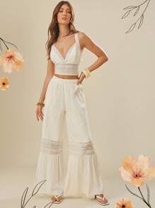 L'Amorae Set di abbigliamento coordinato composto da top a canotta con dettagli in pizzo e pantaloni con dettagli in pizzo, adatto per look da Ibiza