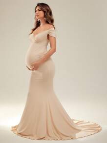 Cheriluna Maternity Women Maternity Fashionable & Comfy Criss-Cross V-Neck Draped Hem Dress For Maternity Photoshoot - Apricot - View 4