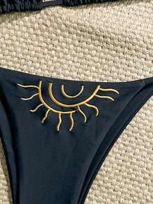 Swim Mod Women's Resort Beach Sunflower Embroidered Swimsuit Set For Summer Beach Vacation - Black - View 3