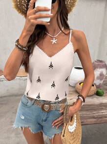 SHEIN Frenchy Women's Geometric Boho Indigo Lace Cami Top, Fashion Holiday Style, Everyday Casual Top Summer Vacation - Beige - View 1