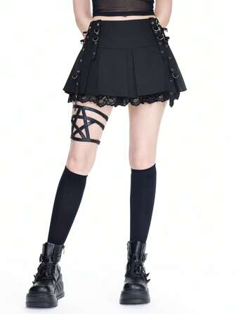 Goth Minigonna plissettata in stile accordeon con decorazioni metalliche e pizzo, per donne