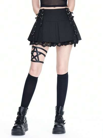 Goth Damen Minirock mit Metalldekoration, Falten und Spitzeneinsatz