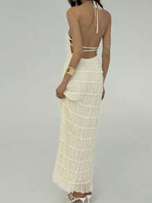 Aloruh Sexy halterjurk met blote rug en gelaagde textuur voor strand/resort, wit, lente/zomer