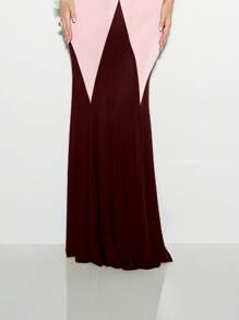 KIZN 透明网眼优雅色块美人鱼晚礼服拼接网眼长裙特殊场合及地长无袖细肩带礼服