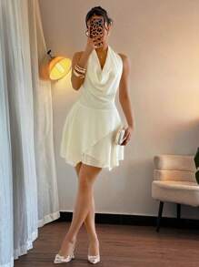 INAWLY Damen Sommer Elegantes einfarbiges Kleid mit Wasserfallausschnitt und rückenfreiem Mini-Design - Gelb - Übersicht 5