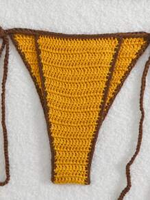Swim Mod Women's Contrast Color Halter Tie Front Top And Triangle Cover Up Bikini Sets For Summer Beach Vacation - Yellow - View 5