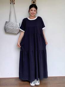 Dazy Plus Contrast Color Block Round Neck Short Sleeve Loose Fit Ankle Length Knitted Dress, Summer Women Plus Black Dress,Casual Women Dresses