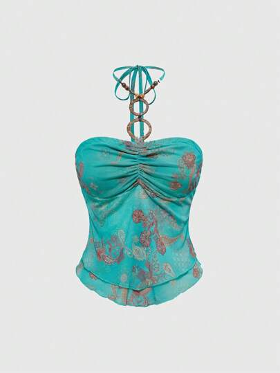 J-Fashion توب كاميسول كلاسيكي ذو فتحة رقبة عميقة وتصميم هولتر، مطبوع بنقشة زهرية