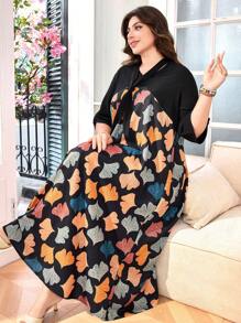 Lacomfia Vestido largo con cintura ceñida y estampado de hojas en patchwork - Negro - Ver 1