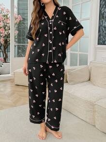 SHEIN Conjunto de pijama con cardigan con volantes y estampado de cerezas, talla grande