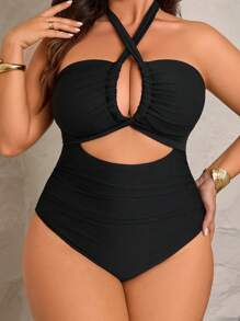 Swim Lushoire Plus Size Women Solid Color Strapless Drawstring Spaghetti Strap One-Piece Swimsuit, Casual & Holiday Style For Summer Beach Vacation - Black - View 1