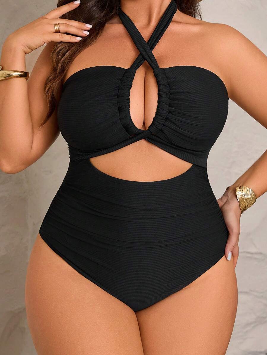 Swim Lushoire Plus Size Women Solid Color Strapless Drawstring Spaghetti Strap One-Piece Swimsuit, Casual & Holiday Style For Summer Beach Vacation - Black - View 1