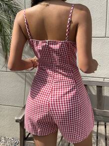 Sunnyshic Retro Red Plaid Lace Patchwork Backless Spaghetti Strap Fitted Romper, Waist Cinched, Short Style, Chic For Spring And Summer - Red - View 2