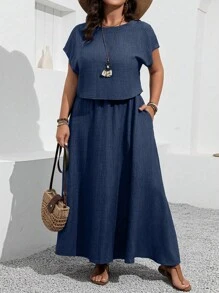 EMERY ROSE Plus Size Vacation Casual Solid Color Shirt & Skirt 2pcs Set - Navy Blue - View 6