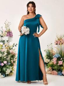 Cravure Plus Size Asymmetric Neck Sleeveless Bowknot Solid Color Satin A-Line Slit Ankle-Length Party Dress Women Dresses Birthday Women Casual Dress Women Plus Sun Dress