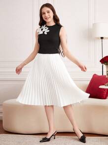 Tween Girls' Handmade Floral Embellished Sleeveless Top And Pleated Mini Skirt Set, Suitable For Holiday, Birthday, Casual, Commuting, School, Travel, Vacation - Black - View 1