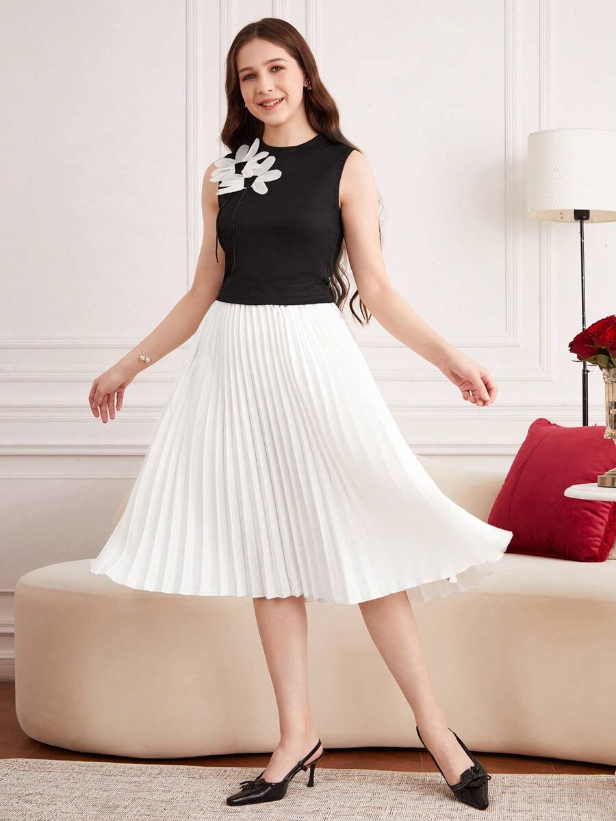 Tween Girls' Handmade Floral Embellished Sleeveless Top And Pleated Mini Skirt Set, Suitable For Holiday, Birthday, Casual, Commuting, School, Travel, Vacation - Black - View 1