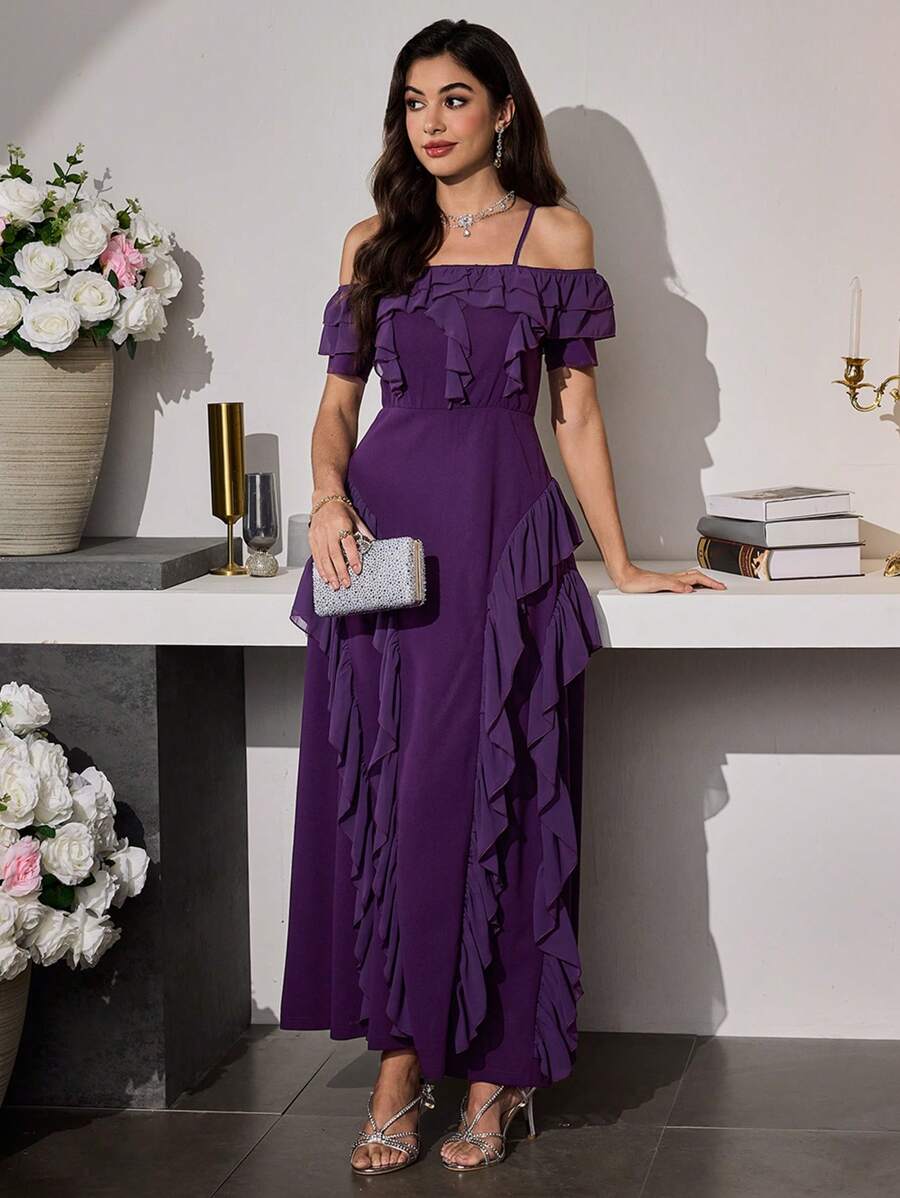 Modelyn Vestido de tirantes largos sin hombros con volantes y rayas de alga marina, elegante y romántico estilo ajustado para mujeres - Rojo violeta - Ver 1