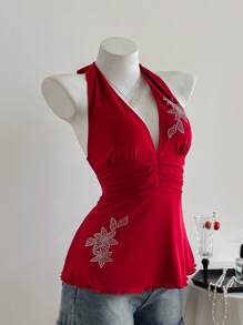 Elamini Women's Halter Neck Top, Fashionable For Summer - Red - View 5