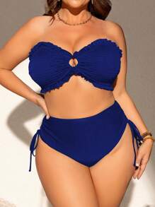 SHEIN Swim Curve 大尺碼女款兩件式純色細肩帶性感開衩分體式泳衣套裝，休閒度假夏季款 - 寶藍色 - 查看 4