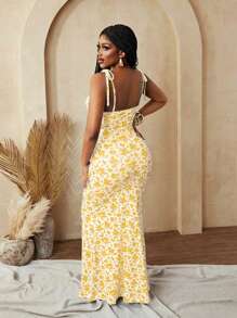 BamGleam Women Floral Print Bodycon Sexy Fashion Elegant Party Vacation Festival Summer Dress - Yellow - View 2