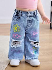 SHEIN Baby Girl Y2K Floral Smiling Face Print Loose Blue Ripped Jeans, Spring And Summer Casual Vacation